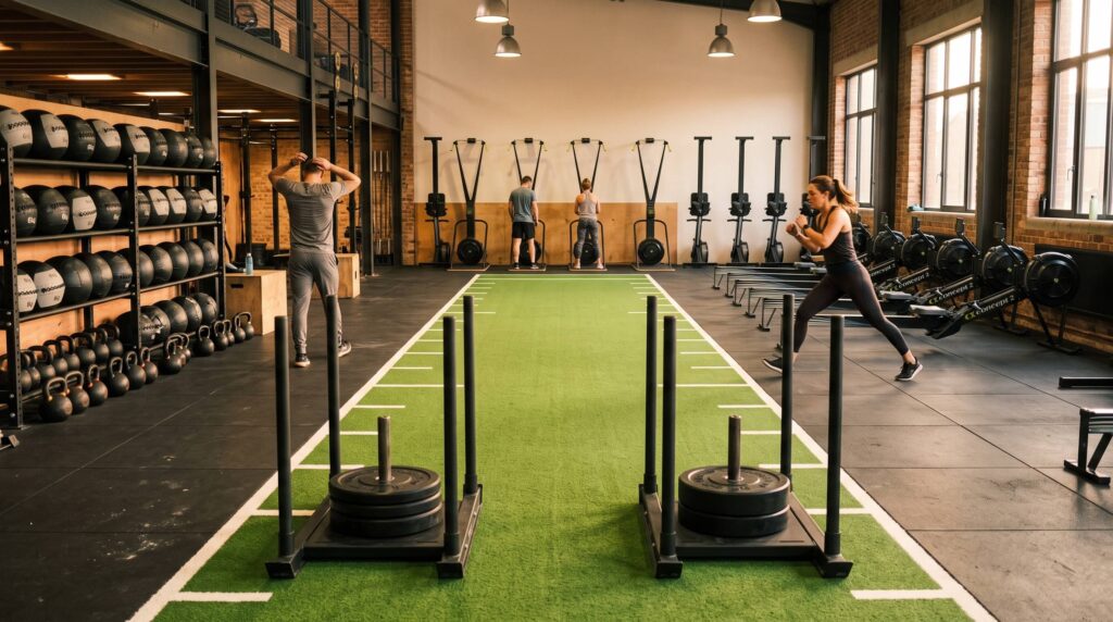 Salle d'HYROX Sénart Revive à Moissy-Cramayel, piste de sled et matériel officiel